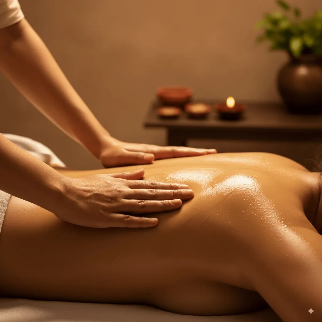 Therapist giving a warm-oil Ayurvedic back massage (Abhyanga)