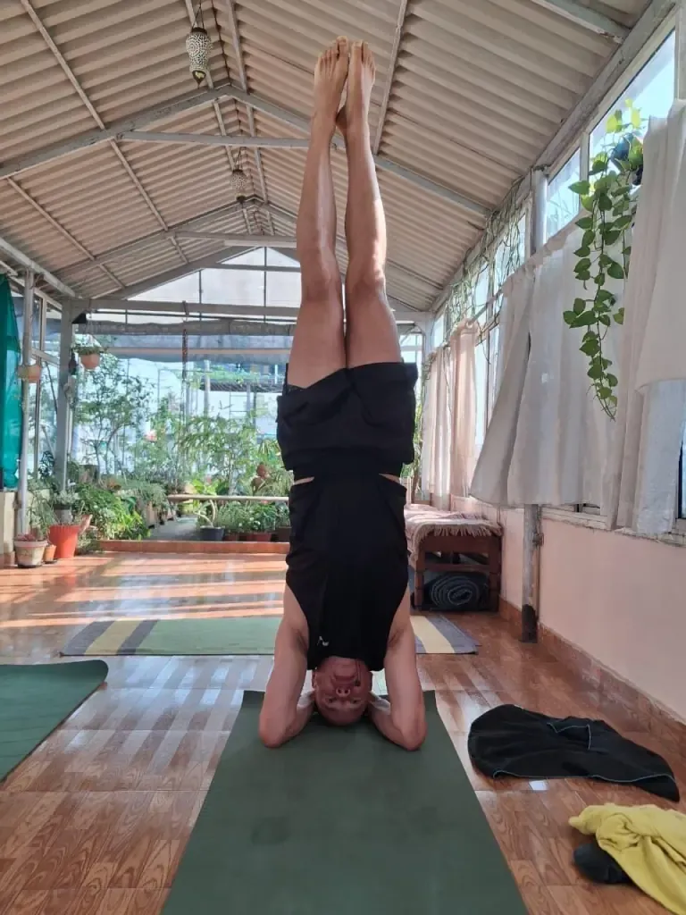A guest holding a straight headstand on a green mat in the shala